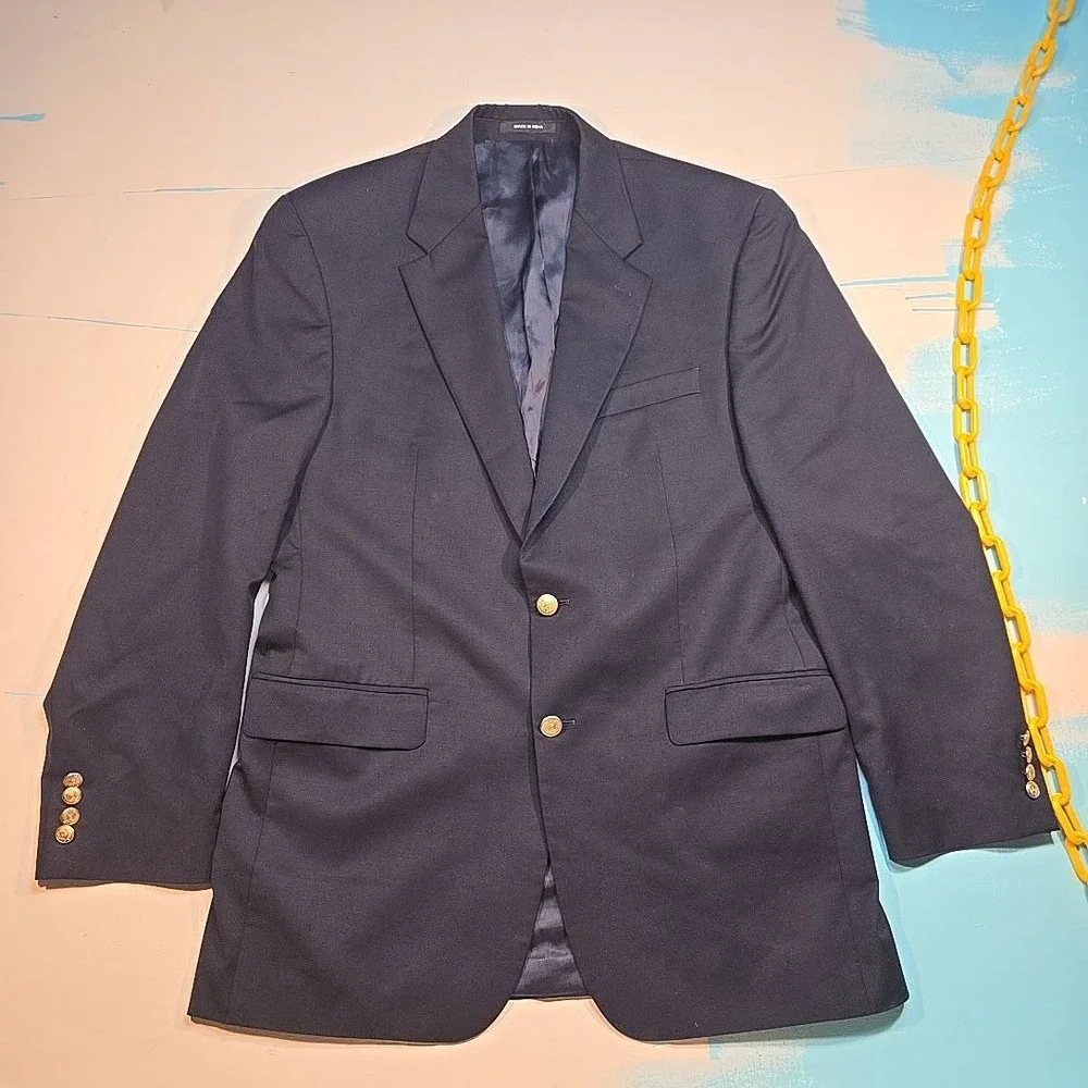 Chaps 41L Navy Wool Blazer Gold Crest Buttons Pure Woolmark Classic 2-Button 90s